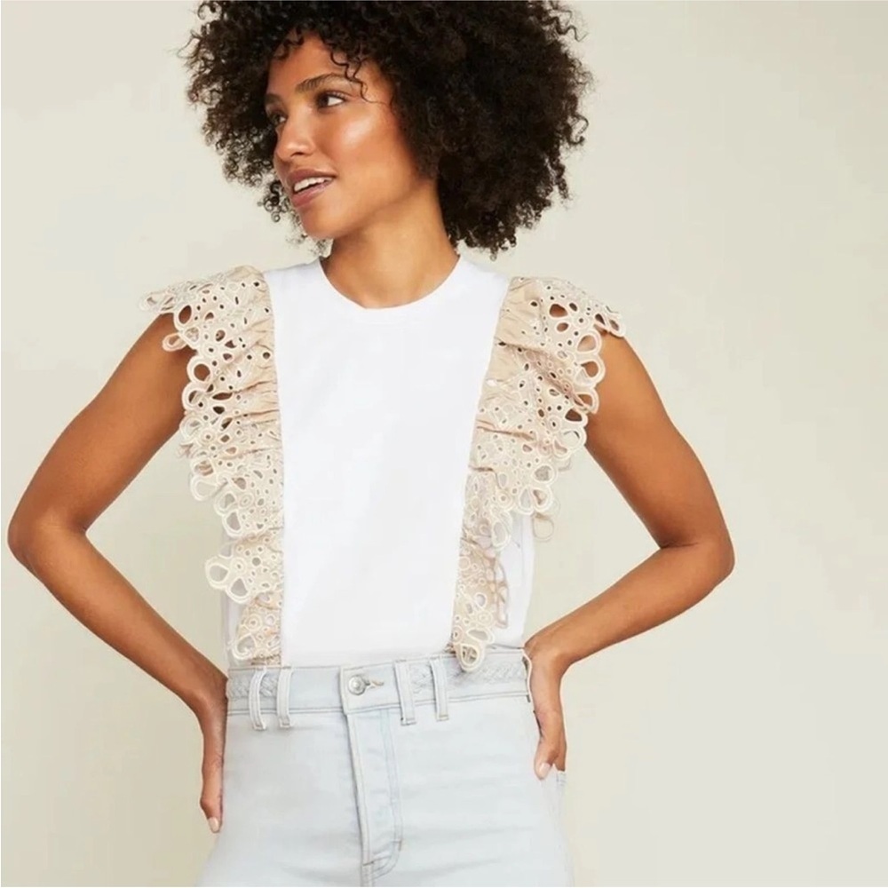 Veronica Beard JADI EYELET RUFFLE TEE M